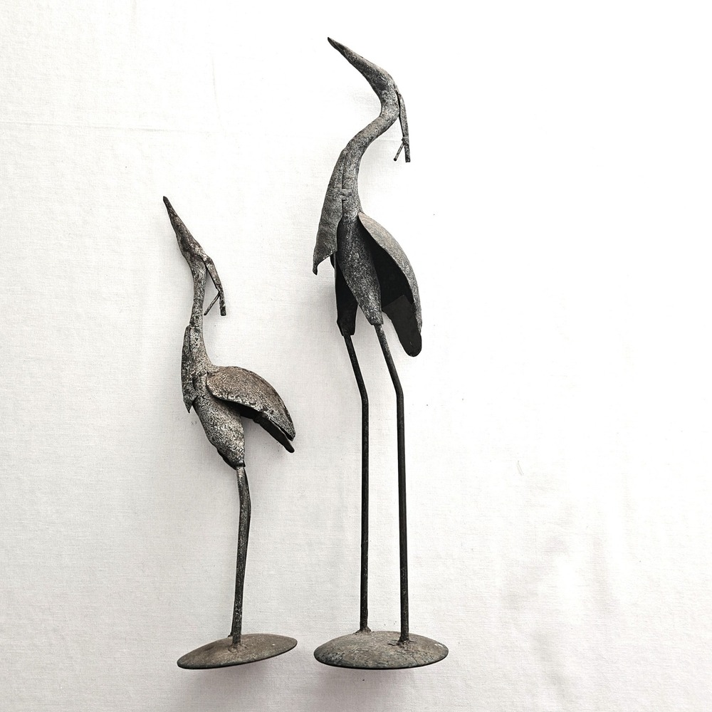Vintage Brutalist Metal Crane Heron Statues Mid Century Modern Decor Pair